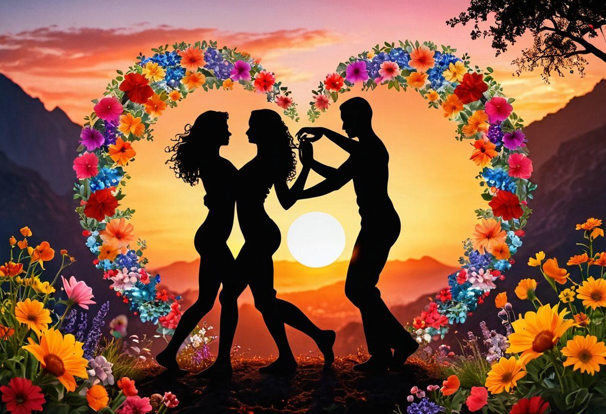A heart-shaped collage blending sensual elements with wellness symbols, like a couple gracefully dancing surrounded by vibrant flowers, a meditating figure, and a serene sunset in the background. The contrast between temptation and tranquility creates a visual dialogue on mature content's influence on relationships. super-realistic. vibrant colors. soft focus.