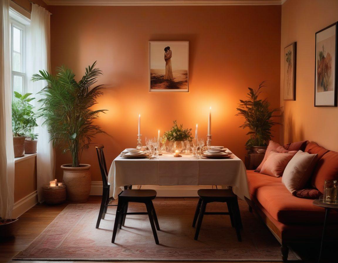 A cozy, softly lit room filled with sensual art, featuring a table adorned with candles and intimate decor. Silhouettes of couples engaging in gentle, affectionate gestures are subtly present in the background. Incorporate elements of wellness, such as plants and soft textiles, to convey a sense of peace and intimacy. The color palette should consist of warm, inviting tones. super-realistic. soft lighting. vibrant colors.