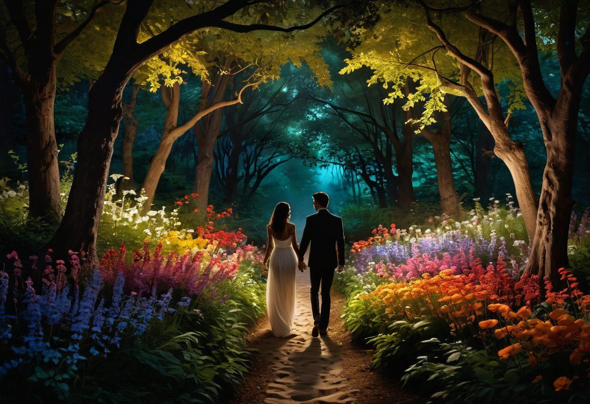 A captivating scene of a winding path through a lush, enchanted forest, intertwining vibrant flowers and soft glowing lights, symbolizing romantic connections. Silhouettes of diverse couples holding hands, exploring their sensuality amidst ethereal elements like fluttering butterflies and twinkling stars above. Hints of subtly placed erotic materials like elegant fabrics and artful sculptures blend harmoniously into the surroundings. Envelop the image in warm, inviting colors to evoke intimacy and allure. super-realistic. vibrant colors. dreamy atmosphere.